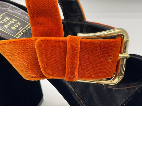 ALBERTO ZAGO VELVET 2-TONE PLATFORM SANDALS, CHUNKY HEELS, BLACK & ORANGE, SZ 39 - Picture 3 of 9